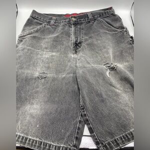 Vintage JNCO Jean Shorts Men's Gray Y2K Baggy Denim Jorts Wide Leg Red Crown 36